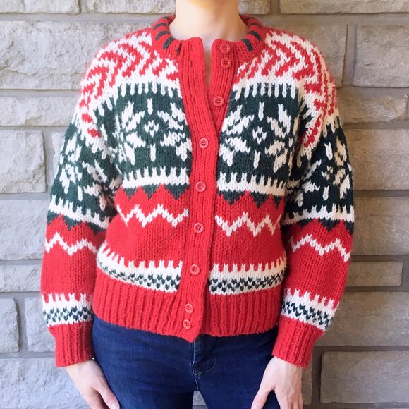 Vintage 90s Christmas Chunky Fair Isle Cardigan - Picture 1 of 4